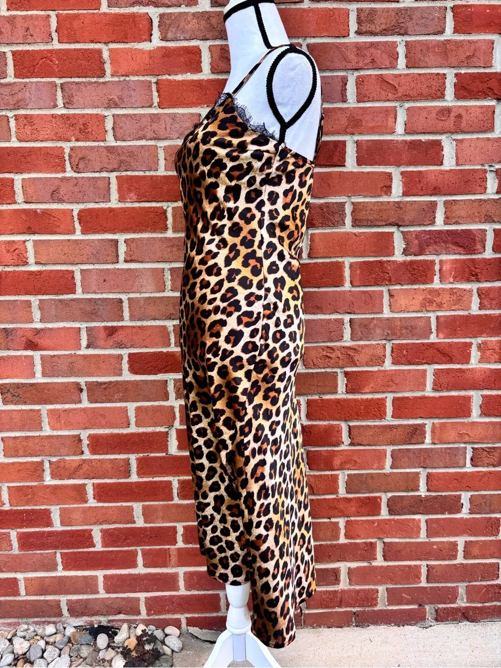 Leopard Print Satin Spaghetti Strap Midi Slip Dress  Lace Trim Womens Small